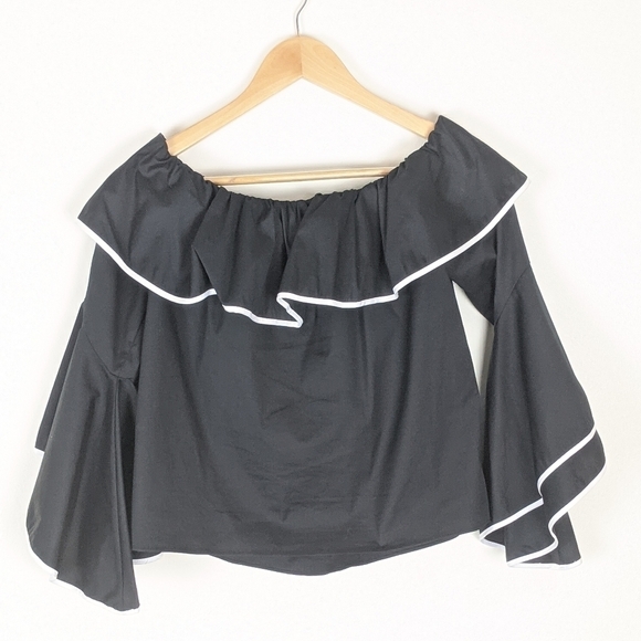 Zara Women's Off The Shoulder Poplin Ruffle Angel Sleeve Top S Black/White - Picture 6 of 6